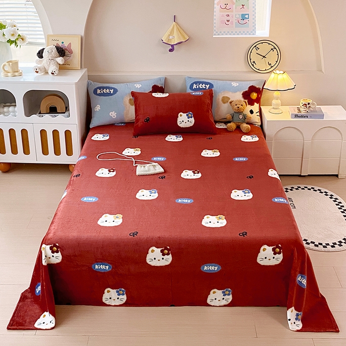 91家纺网 家纺一手货源 找家纺 葡萄家 2025年新款牛奶绒印花单床单萌系卡通床单款 猫千金红