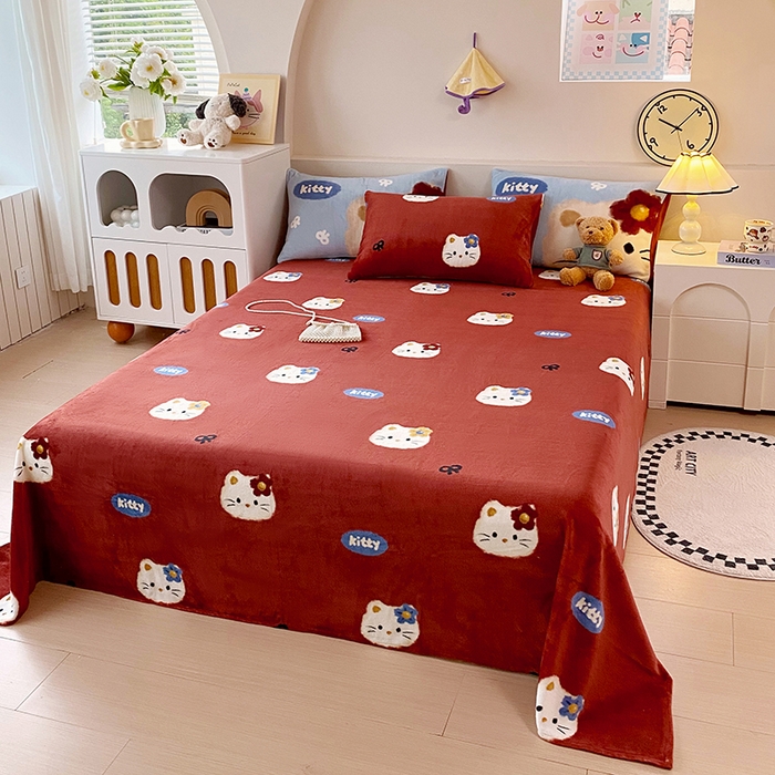 91家纺网 家纺一手货源 找家纺 葡萄家 2025年新款牛奶绒印花单床单萌系卡通床单款 猫千金红