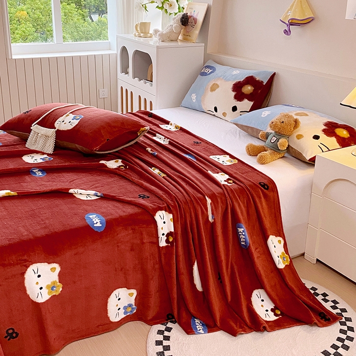 91家纺网 家纺一手货源 找家纺 葡萄家 2025年新款牛奶绒印花单床单萌系卡通床单款 猫千金红