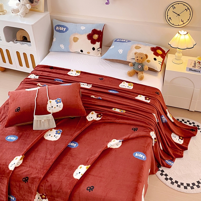 91家纺网 家纺一手货源 找家纺 葡萄家 2025年新款牛奶绒印花单床单萌系卡通床单款 猫千金红