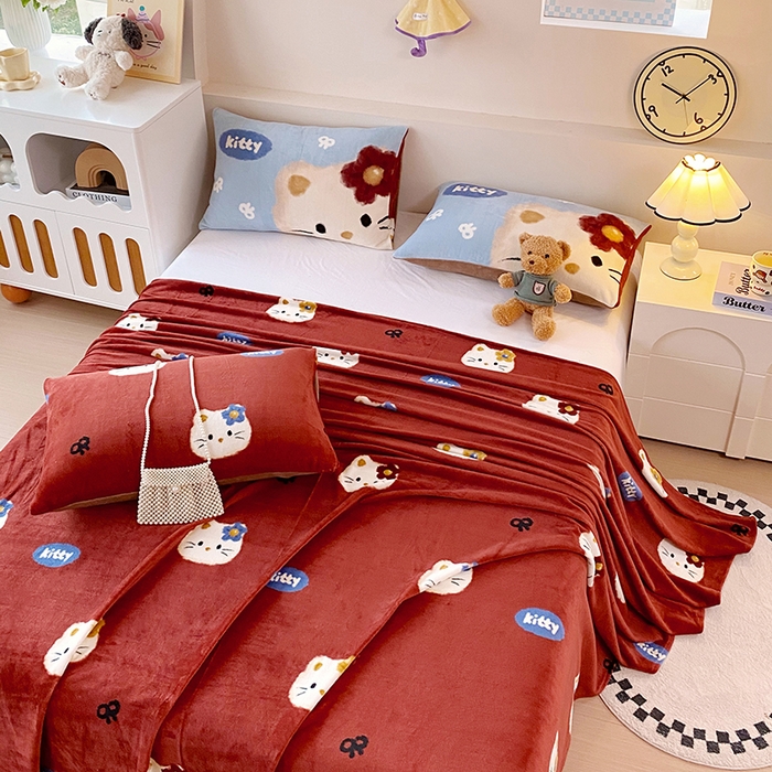 91家纺网 家纺一手货源 找家纺 葡萄家 2025年新款牛奶绒印花单床单萌系卡通床单款 猫千金红