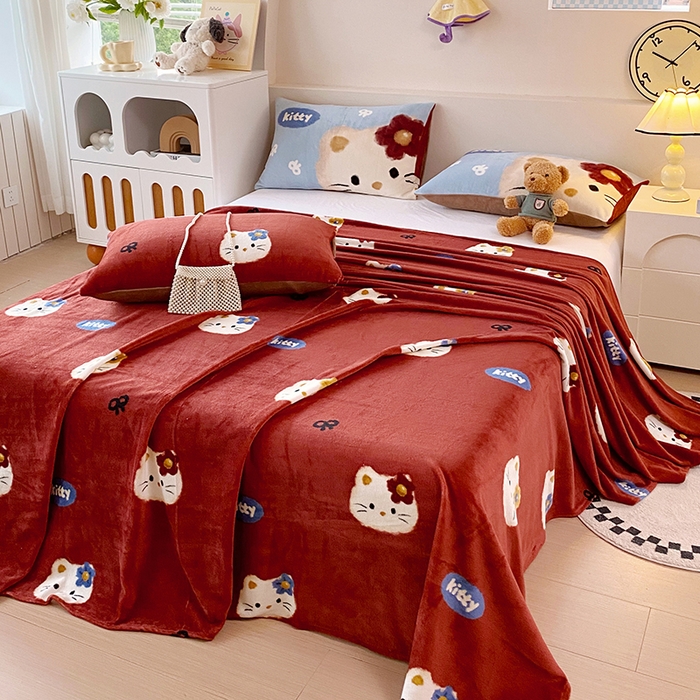 葡萄家 2025年新款牛奶绒印花单床单萌系卡通床单款 猫千金红
