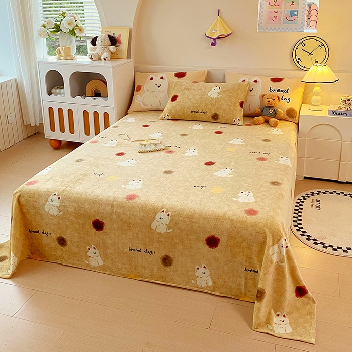 91家纺网 家纺一手货源 找家纺 葡萄家 2025年新款牛奶绒印花单床单萌系卡通床单款 泡芙狗