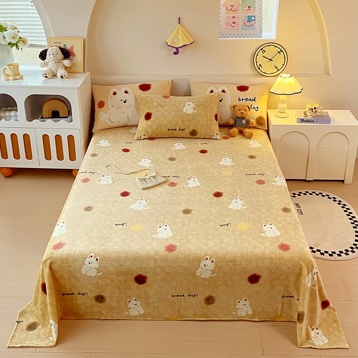 91家纺网 家纺一手货源 找家纺 葡萄家 2025年新款牛奶绒印花单床单萌系卡通床单款 泡芙狗