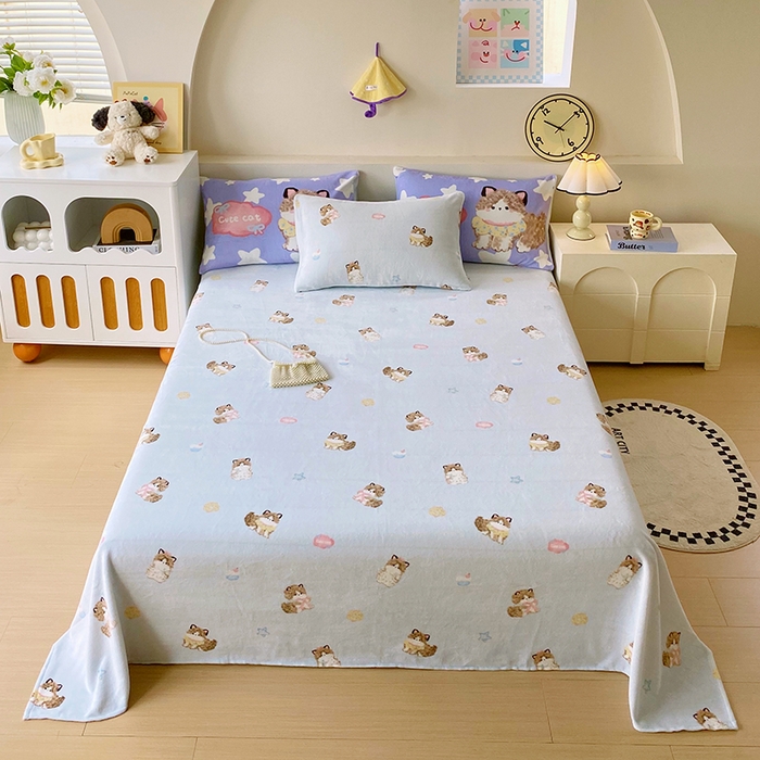 91家纺网 家纺一手货源 找家纺 葡萄家 2025年新款牛奶绒印花单床单萌系卡通床单款 软萌猫蓝