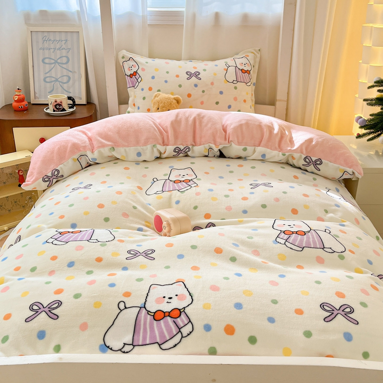 91家纺网 家纺一手货源 找家纺 寻米 2025新款高克重加厚保暖牛奶绒床笠-宿舍图 彩虹小狗