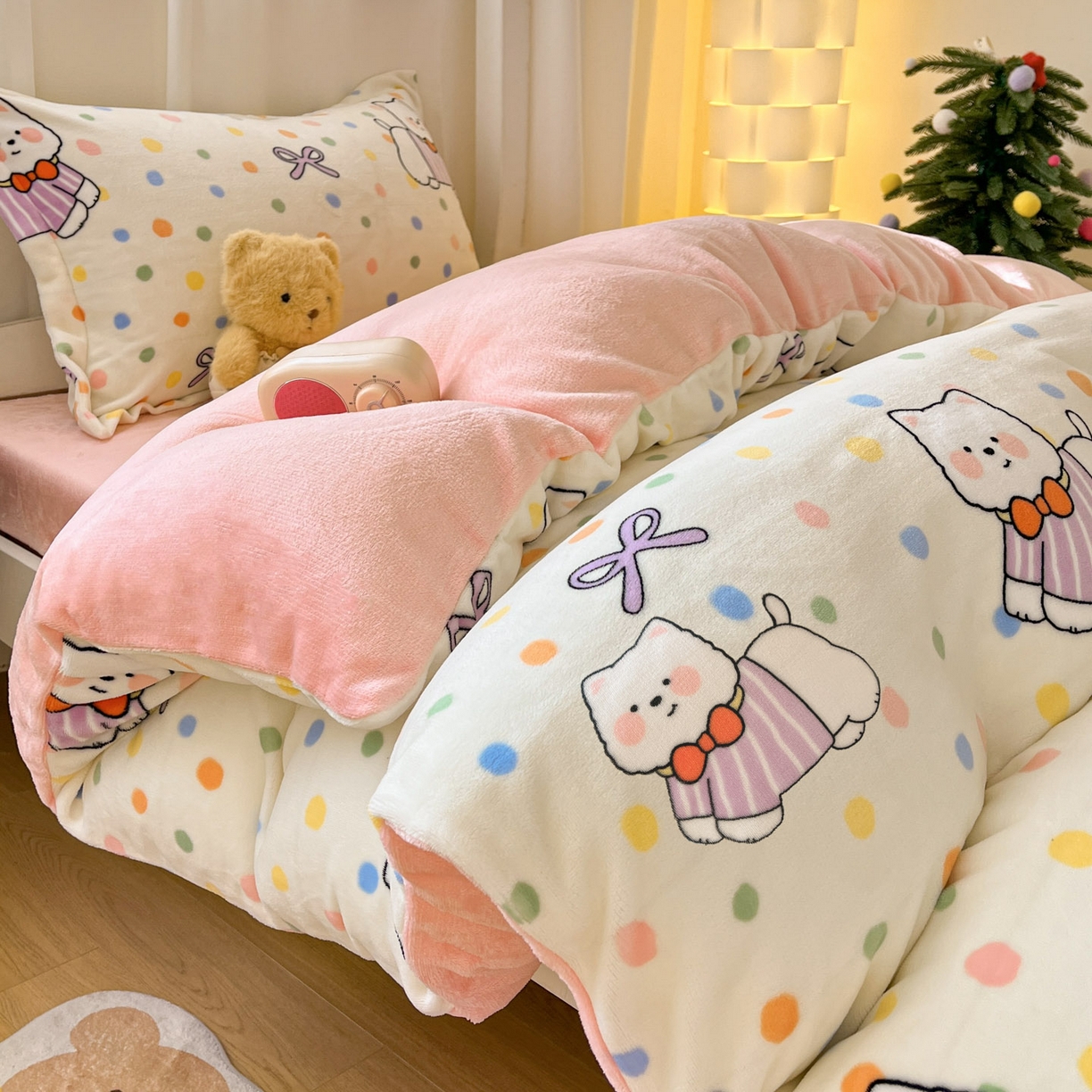 91家纺网 家纺一手货源 找家纺 寻米 2025新款高克重加厚保暖牛奶绒床笠-宿舍图 彩虹小狗