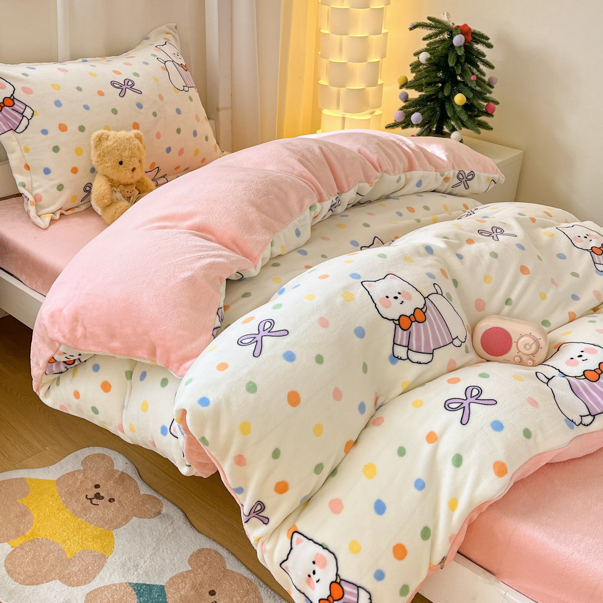 91家纺网 家纺一手货源 找家纺 寻米 2025新款高克重加厚保暖牛奶绒床笠-宿舍图 彩虹小狗