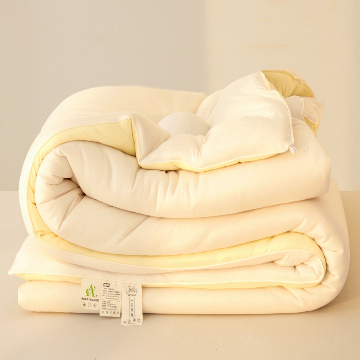 91家纺网 家纺一手货源 找家纺 梵克保罗 2025新款针织棉大豆被被子被芯 米白+鹅黄