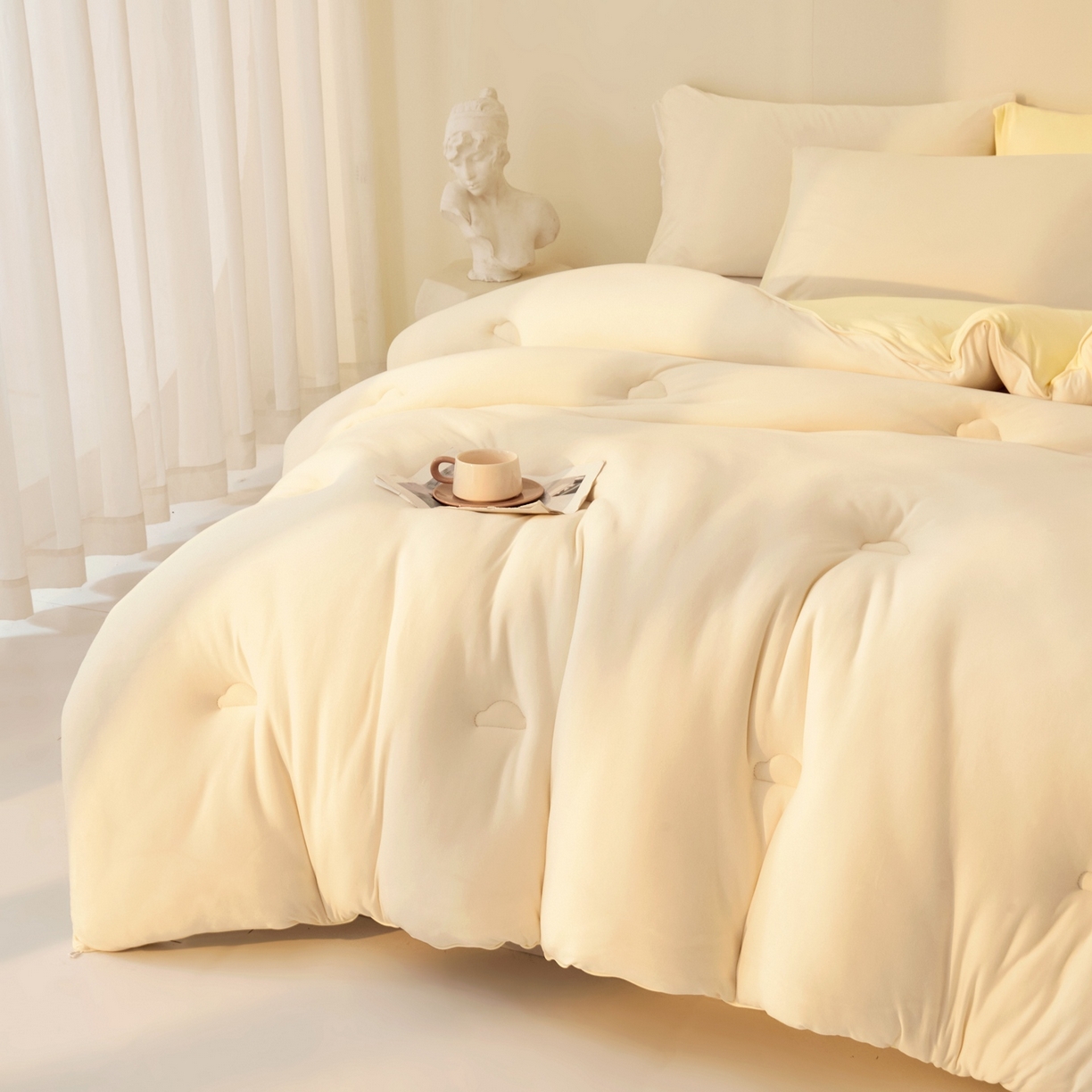 91家纺网 家纺一手货源 找家纺 梵克保罗 2025新款针织棉大豆被被子被芯 米白+鹅黄