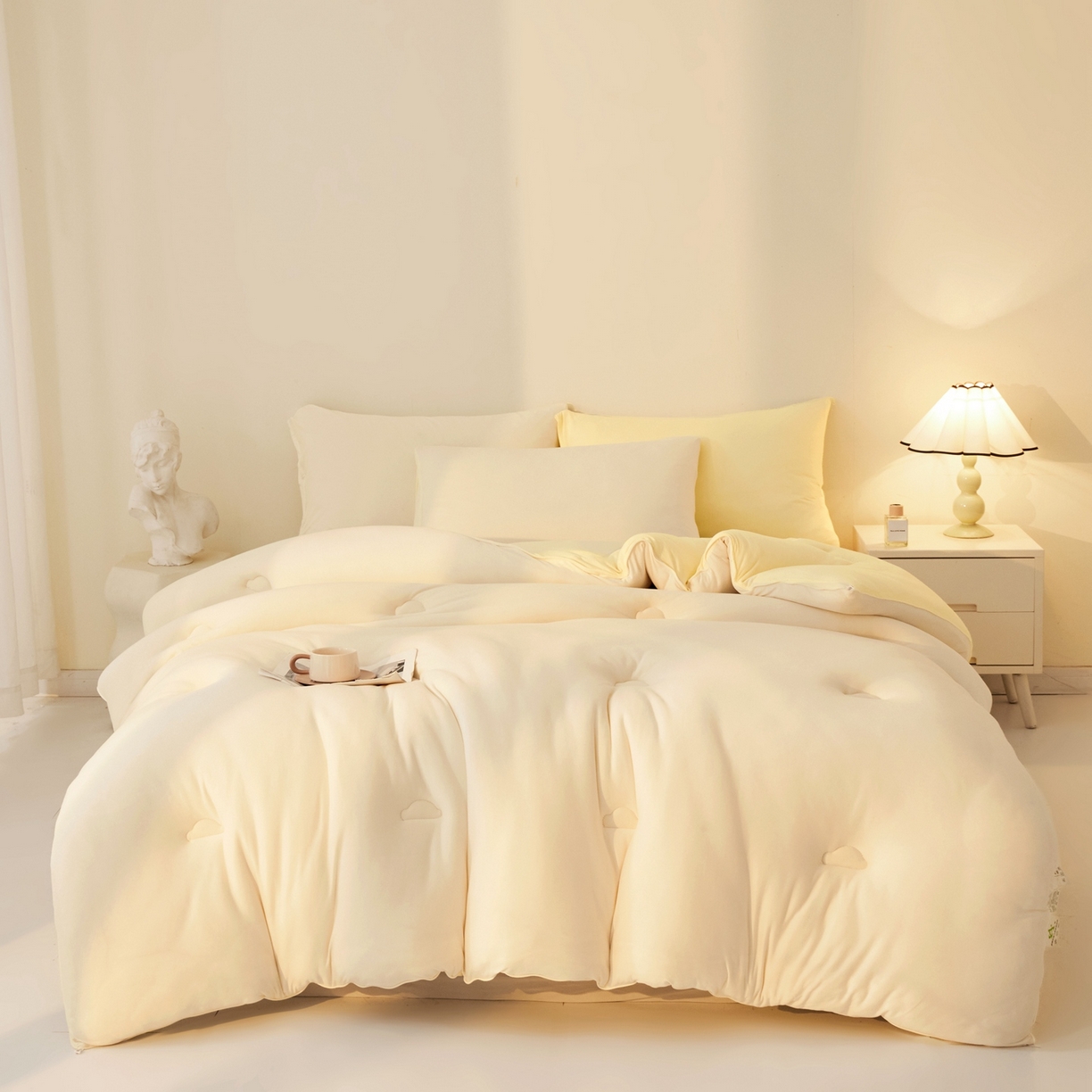 91家纺网 家纺一手货源 找家纺 梵克保罗 2025新款针织棉大豆被被子被芯 米白+鹅黄