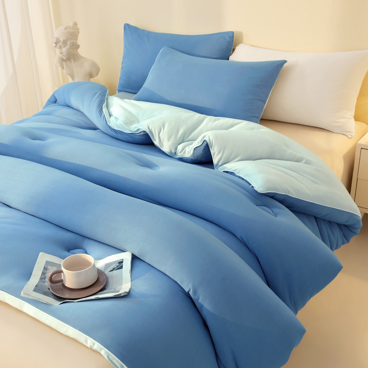 91家纺网 家纺一手货源 找家纺 梵克保罗 2025新款针织棉大豆被被子被芯 深睡蓝+山青