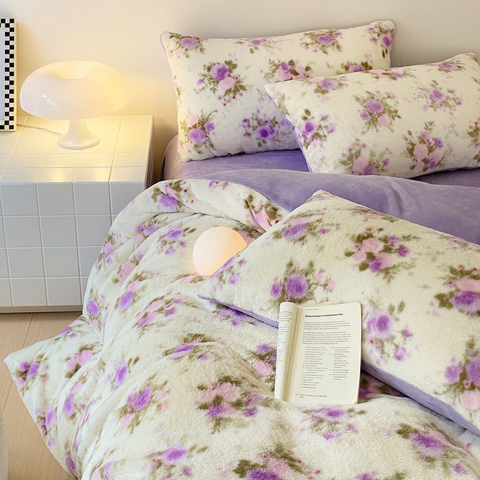 91家纺网 家纺一手货源 找家纺 安哆啦家纺 2025新款高克重兔毛绒印花牛奶绒四件套 花团锦簇