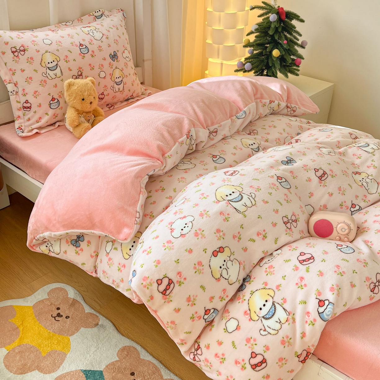 91家纺网 家纺一手货源 找家纺 寻米 2025新款高克重加厚保暖牛奶绒床笠-宿舍图 玫瑰甜心