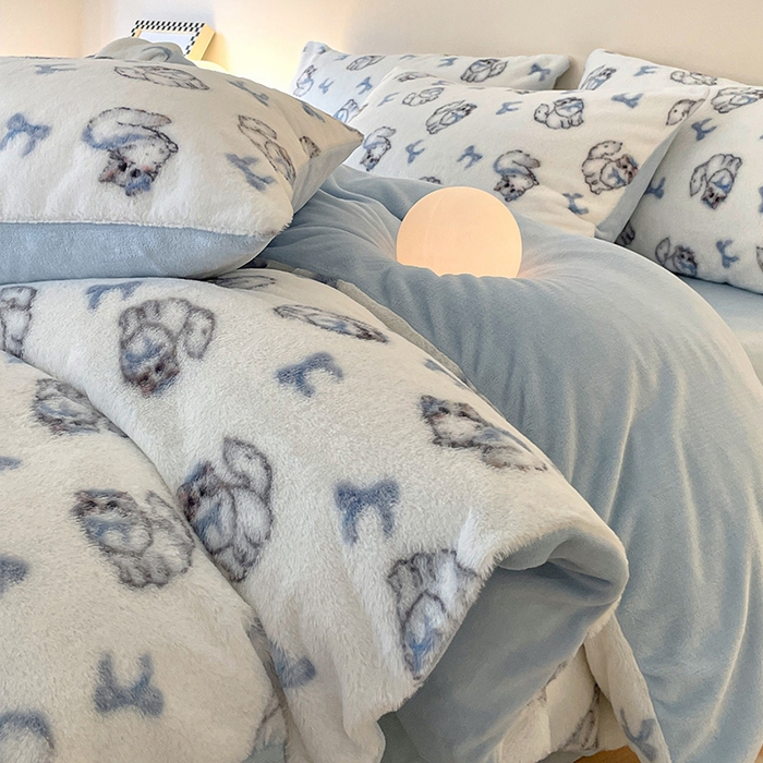 安哆啦家纺 2025新款高克重兔毛绒印花牛奶绒四件套 精致猫