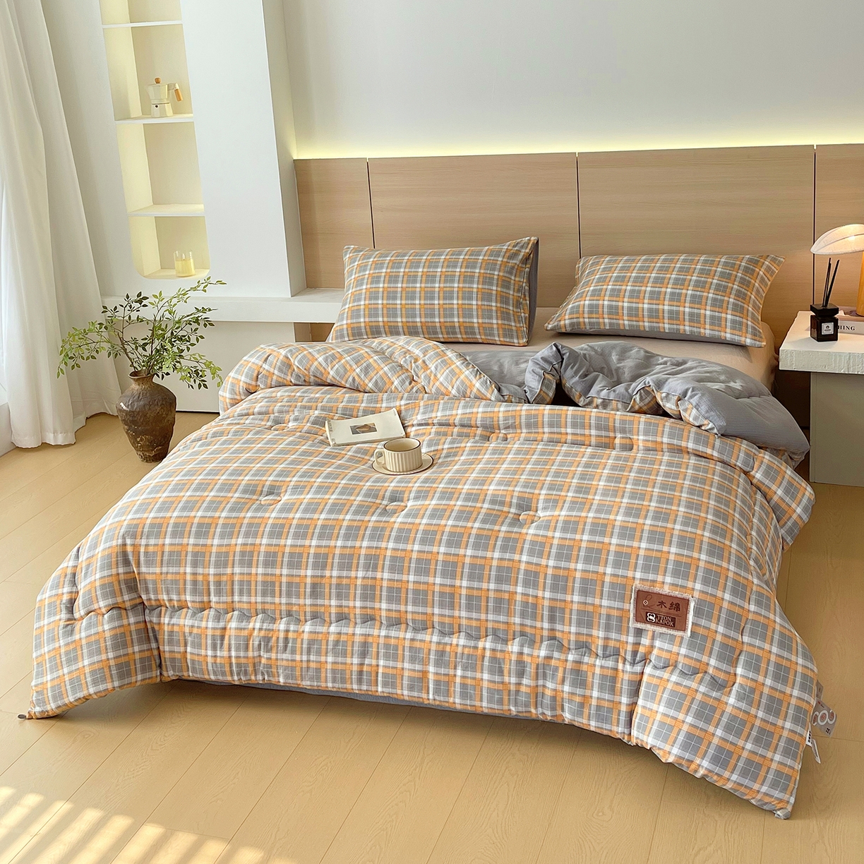 91家纺网 家纺一手货源 找家纺 梵克保罗 2025秋冬新款10A抗菌云格子春秋被冬被被芯跨境外贸 蓝灰格