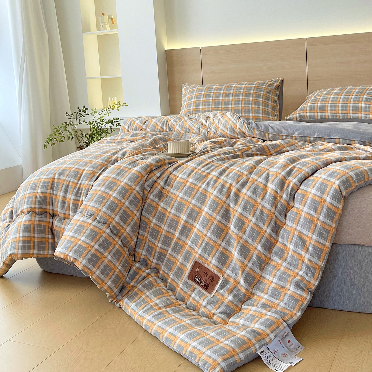 91家纺网 家纺一手货源 找家纺 梵克保罗 2025秋冬新款10A抗菌云格子春秋被冬被被芯跨境外贸 蓝灰格