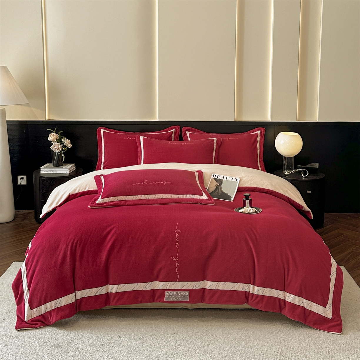 91家纺网 家纺一手货源 找家纺 星座家纺 2025新款轻奢牛奶绒四件套-极简系列 朱砂红