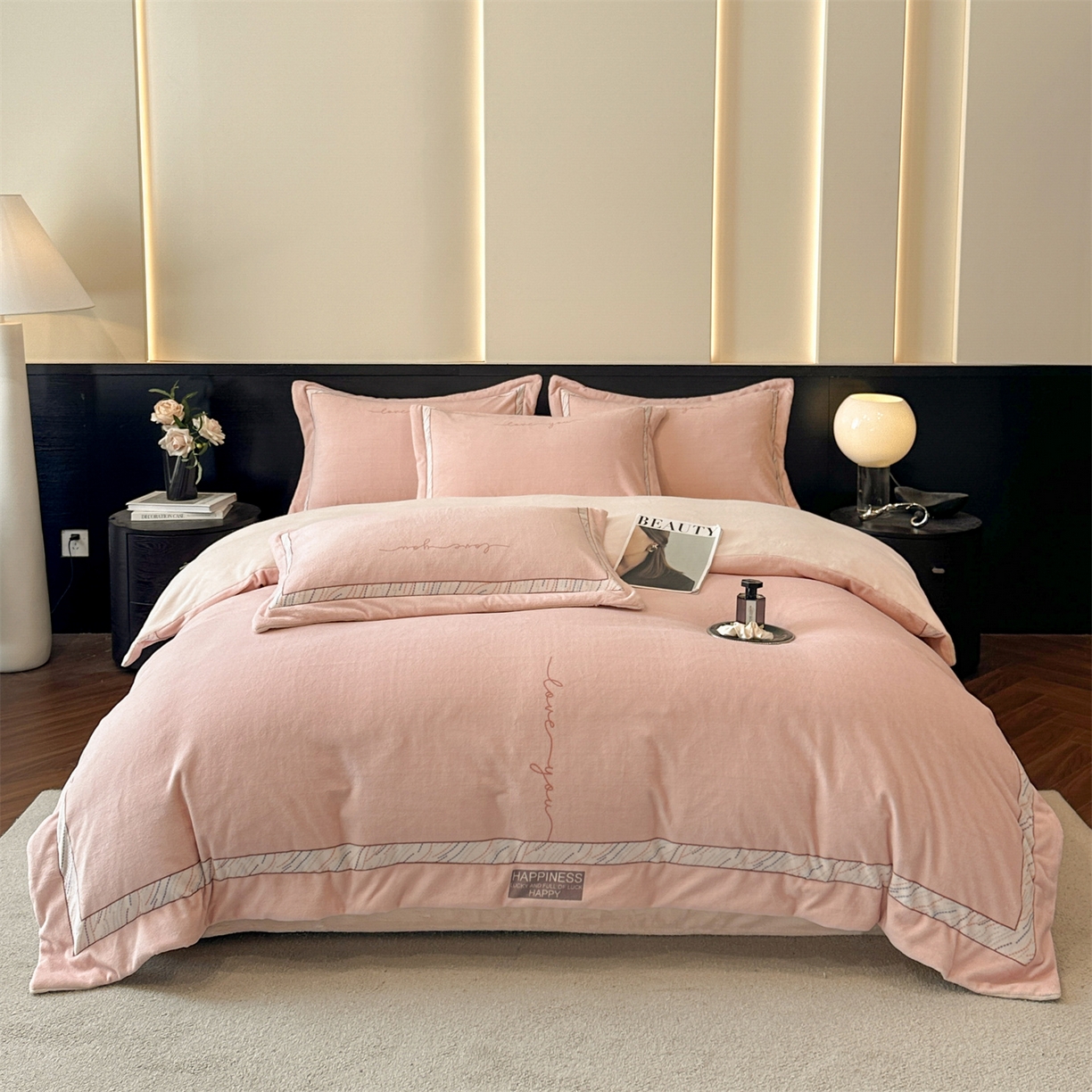 星座家纺 2025新款轻奢牛奶绒四件套-极简系列 蜜桃粉