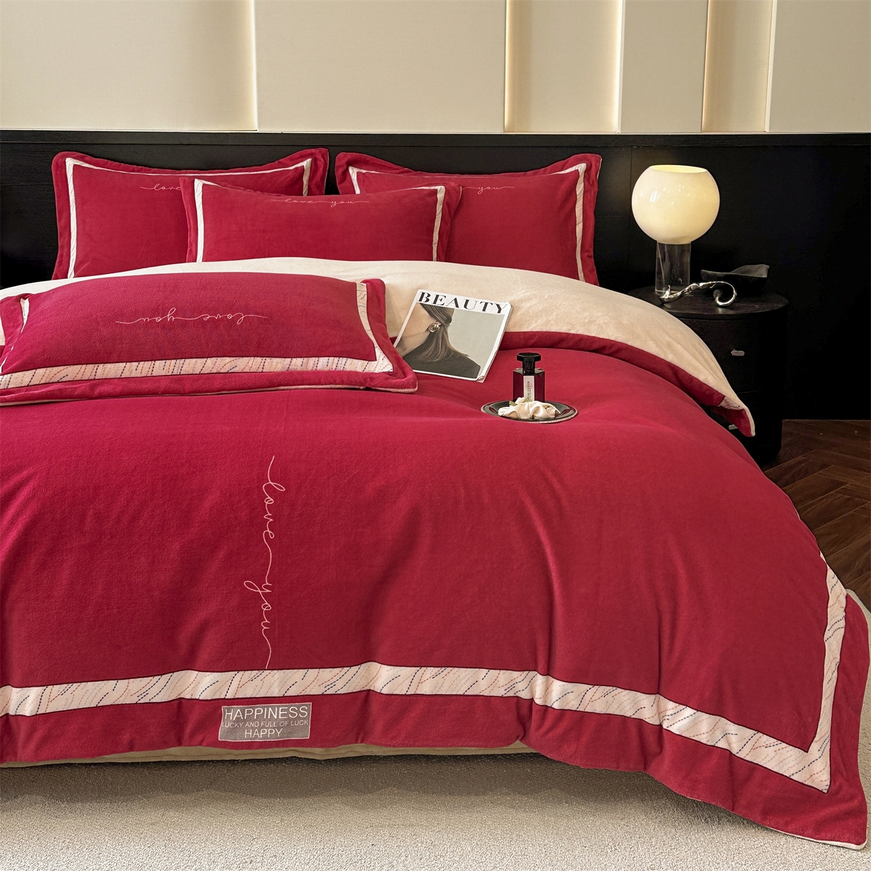 91家纺网 家纺一手货源 找家纺 星座家纺 2025新款轻奢牛奶绒四件套-极简系列 朱砂红