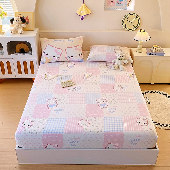 91家纺网 家纺一手货源 找家纺 葡萄家 2025年新款牛奶绒印花单床笠萌系卡通床笠款 布丁猫