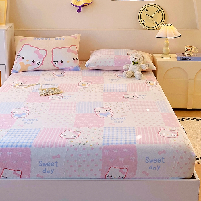 91家纺网 家纺一手货源 找家纺 葡萄家 2025年新款牛奶绒印花单床笠萌系卡通床笠款 布丁猫