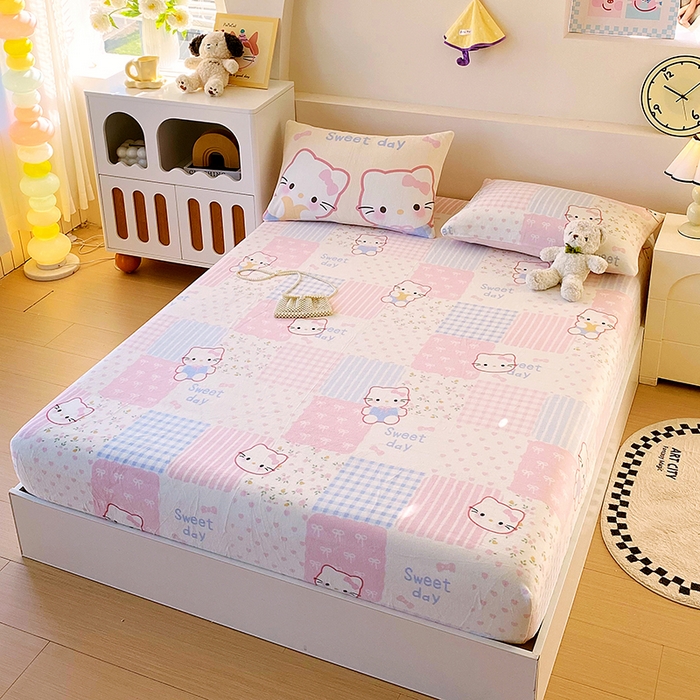 91家纺网 家纺一手货源 找家纺 葡萄家 2025年新款牛奶绒印花单床笠萌系卡通床笠款 布丁猫