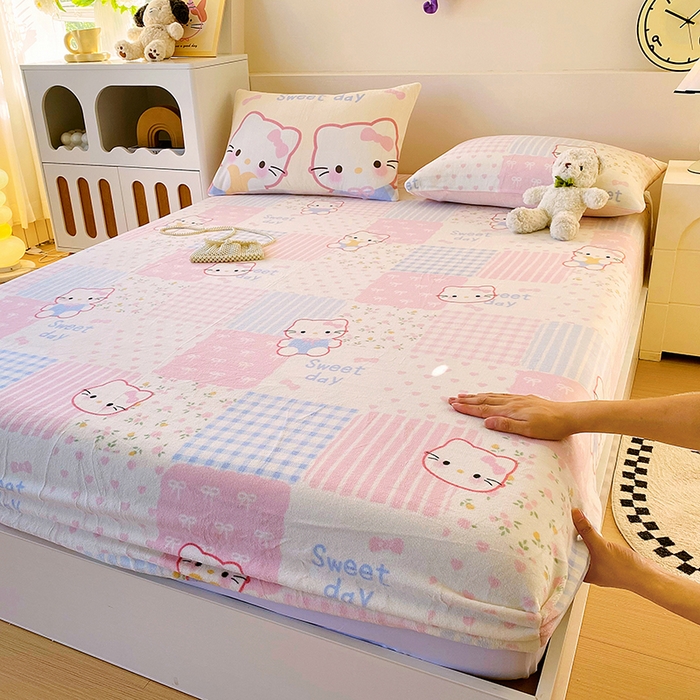 葡萄家 2025年新款牛奶绒印花单床笠萌系卡通床笠款 布丁猫
