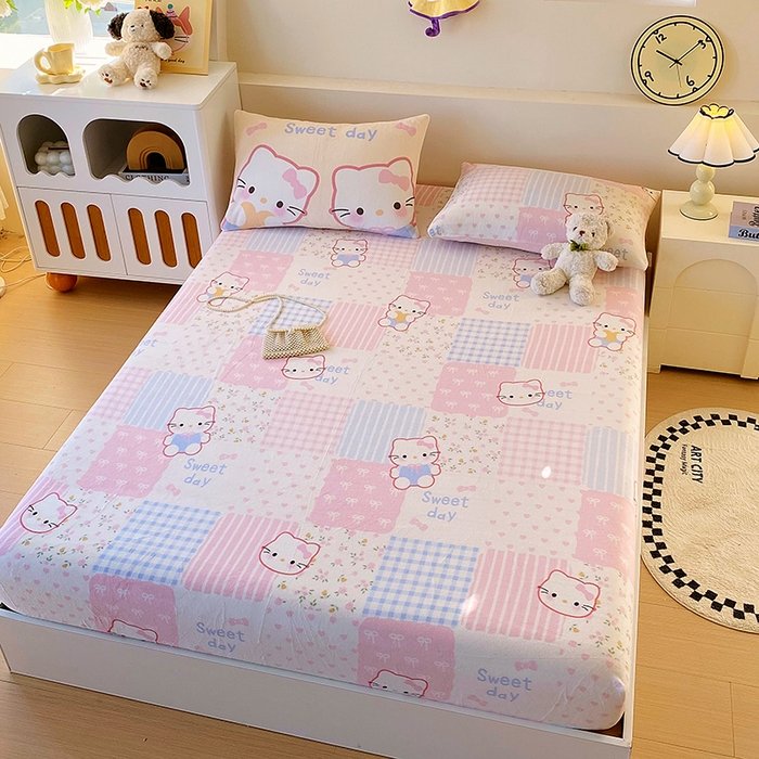 91家纺网 家纺一手货源 找家纺 葡萄家 2025年新款牛奶绒印花单床笠萌系卡通床笠款 布丁猫