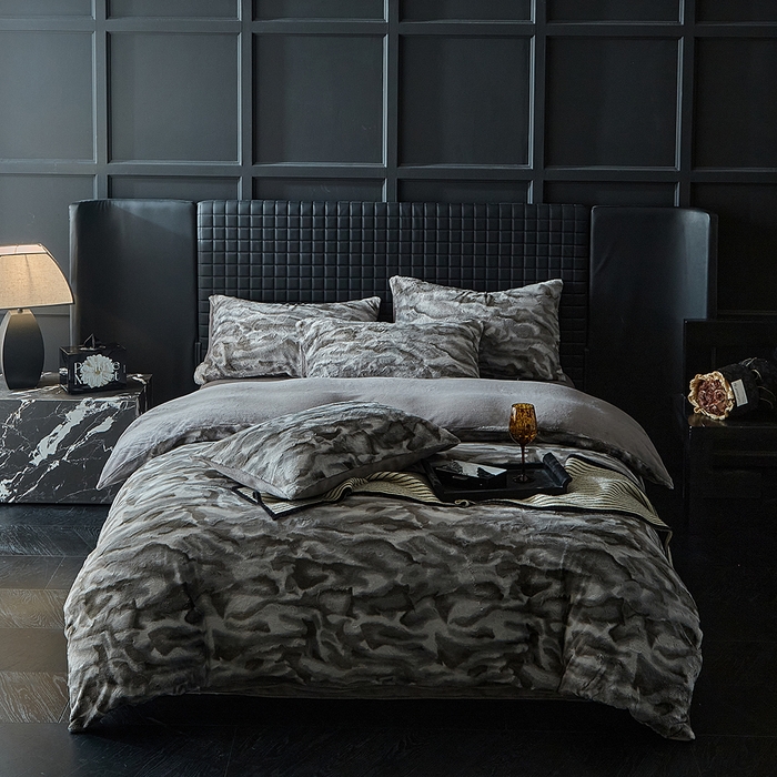 91家纺网 家纺一手货源 找家纺 缘生活 2025新款消光印花绒四件套年轻时尚 消光印花绒-灰色