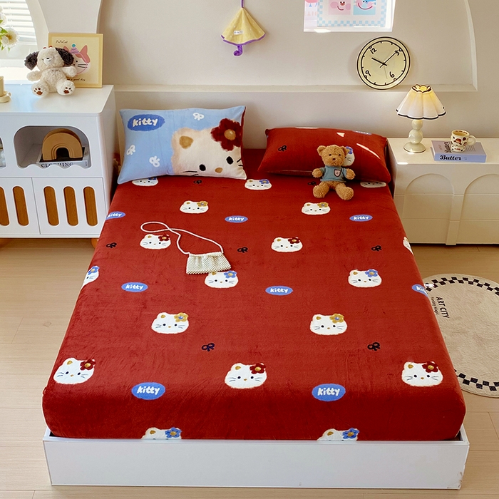 91家纺网 家纺一手货源 找家纺 葡萄家 2025年新款牛奶绒印花单床笠萌系卡通床笠款 猫千金红