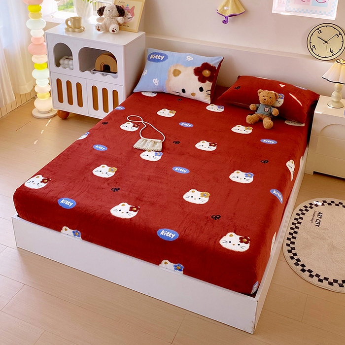 91家纺网 家纺一手货源 找家纺 葡萄家 2025年新款牛奶绒印花单床笠萌系卡通床笠款 猫千金红