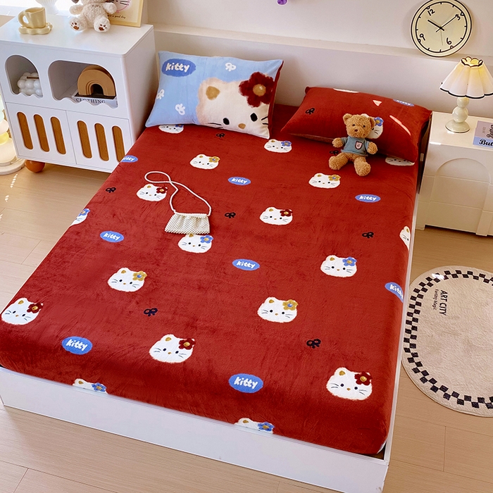 91家纺网 家纺一手货源 找家纺 葡萄家 2025年新款牛奶绒印花单床笠萌系卡通床笠款 猫千金红