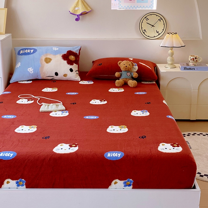 91家纺网 家纺一手货源 找家纺 葡萄家 2025年新款牛奶绒印花单床笠萌系卡通床笠款 猫千金红