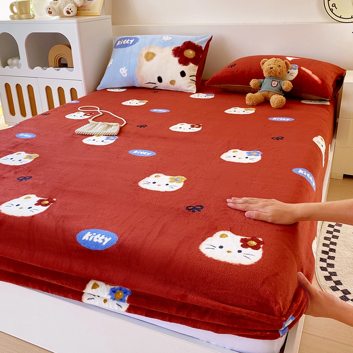 葡萄家 2025年新款牛奶绒印花单床笠萌系卡通床笠款 猫千金红