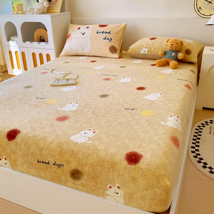 91家纺网 家纺一手货源 找家纺 葡萄家 2025年新款牛奶绒印花单床笠萌系卡通床笠款 泡芙狗