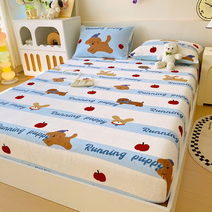 91家纺网 家纺一手货源 找家纺 葡萄家 2025年新款牛奶绒印花单床笠萌系卡通床笠款 俏皮狗