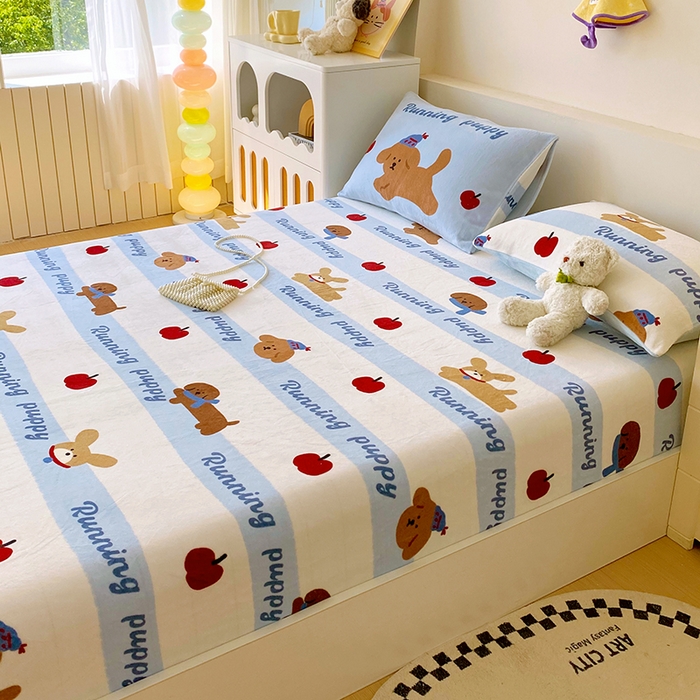 91家纺网 家纺一手货源 找家纺 葡萄家 2025年新款牛奶绒印花单床笠萌系卡通床笠款 俏皮狗