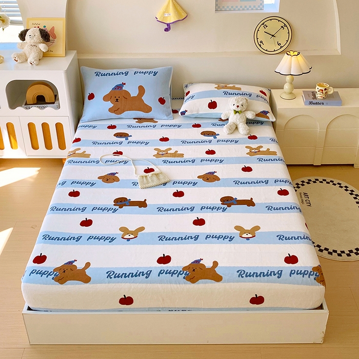 91家纺网 家纺一手货源 找家纺 葡萄家 2025年新款牛奶绒印花单床笠萌系卡通床笠款 俏皮狗