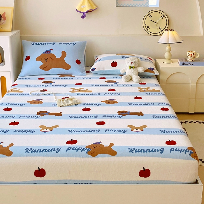 91家纺网 家纺一手货源 找家纺 葡萄家 2025年新款牛奶绒印花单床笠萌系卡通床笠款 俏皮狗