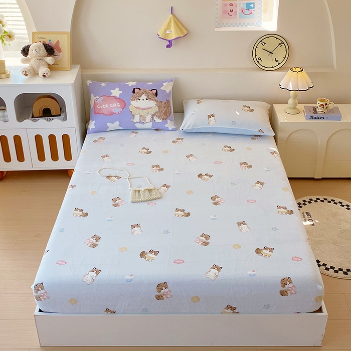 91家纺网 家纺一手货源 找家纺 葡萄家 2025年新款牛奶绒印花单床笠萌系卡通床笠款 软萌猫蓝