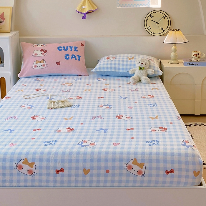 91家纺网 家纺一手货源 找家纺 葡萄家 2025年新款牛奶绒印花单床笠萌系卡通床笠款 蓝格猫咪