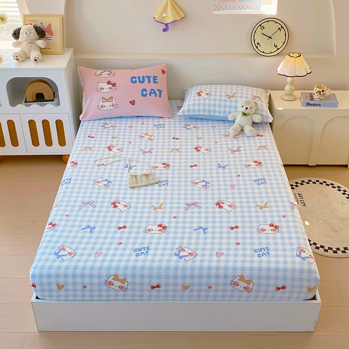 91家纺网 家纺一手货源 找家纺 葡萄家 2025年新款牛奶绒印花单床笠萌系卡通床笠款 蓝格猫咪