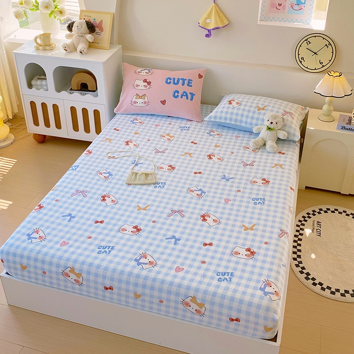 91家纺网 家纺一手货源 找家纺 葡萄家 2025年新款牛奶绒印花单床笠萌系卡通床笠款 蓝格猫咪