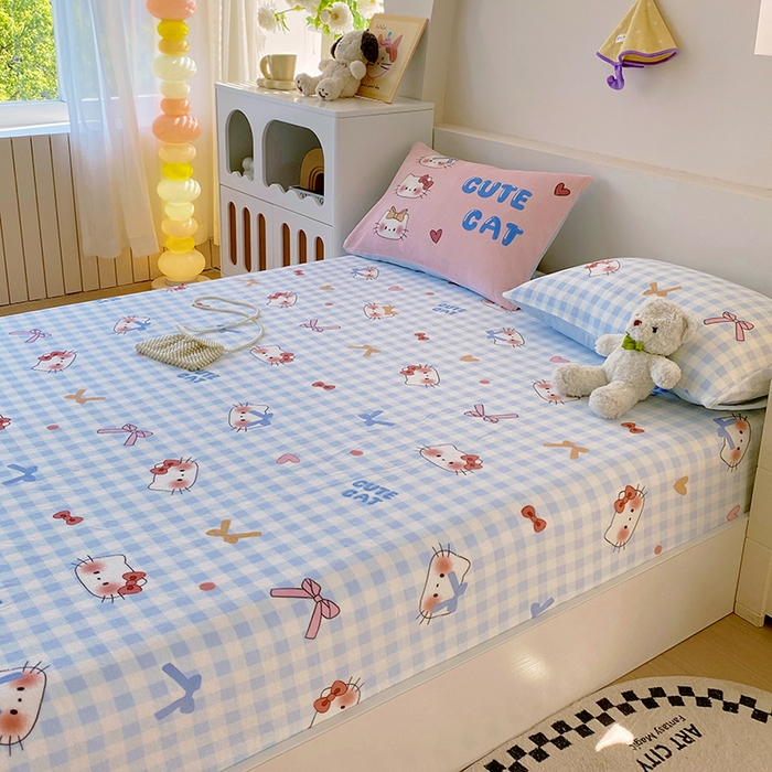 91家纺网 家纺一手货源 找家纺 葡萄家 2025年新款牛奶绒印花单床笠萌系卡通床笠款 蓝格猫咪