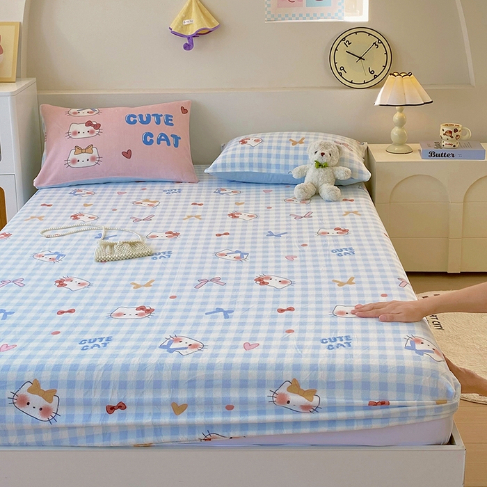 91家纺网 家纺一手货源 找家纺 葡萄家 2025年新款牛奶绒印花单床笠萌系卡通床笠款 蓝格猫咪