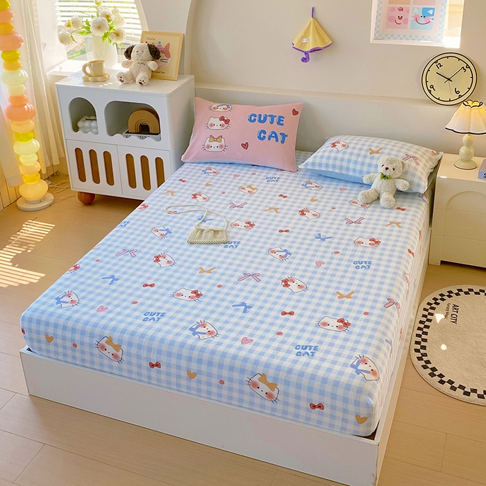 91家纺网 家纺一手货源 找家纺 葡萄家 2025年新款牛奶绒印花单床笠萌系卡通床笠款 蓝格猫咪