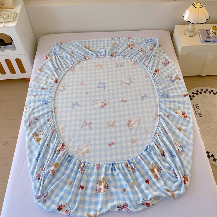 91家纺网 家纺一手货源 找家纺 葡萄家 2025年新款牛奶绒印花单床笠萌系卡通床笠款 蓝格猫咪