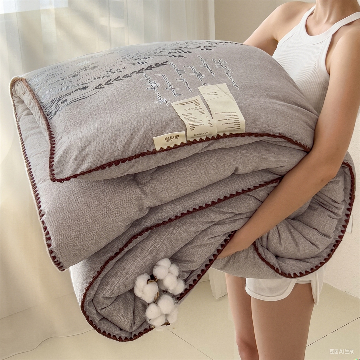 梵克保罗 2025秋冬新品10A抗菌素麻棉花春秋被冬被被芯跨境外贸 素麻-墨染灰