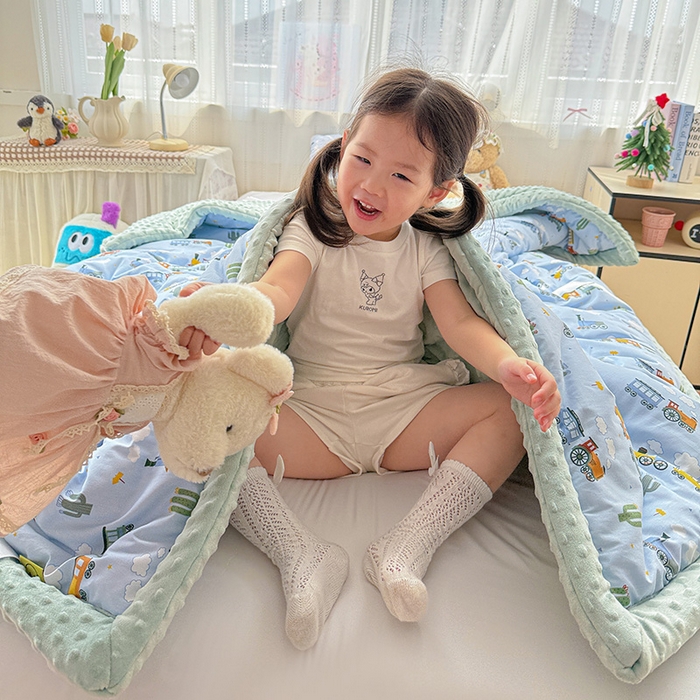 91家纺网 家纺一手货源 找家纺 十九色 2025秋冬新款全棉豆豆被春秋被被子被芯 小火车